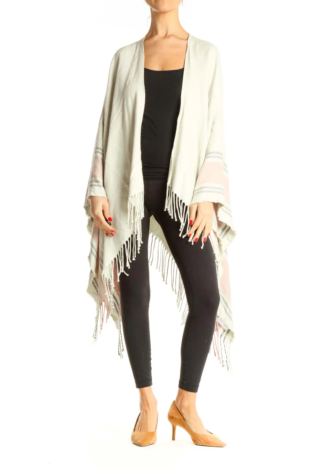 Beige Striped Fringe Cardigan