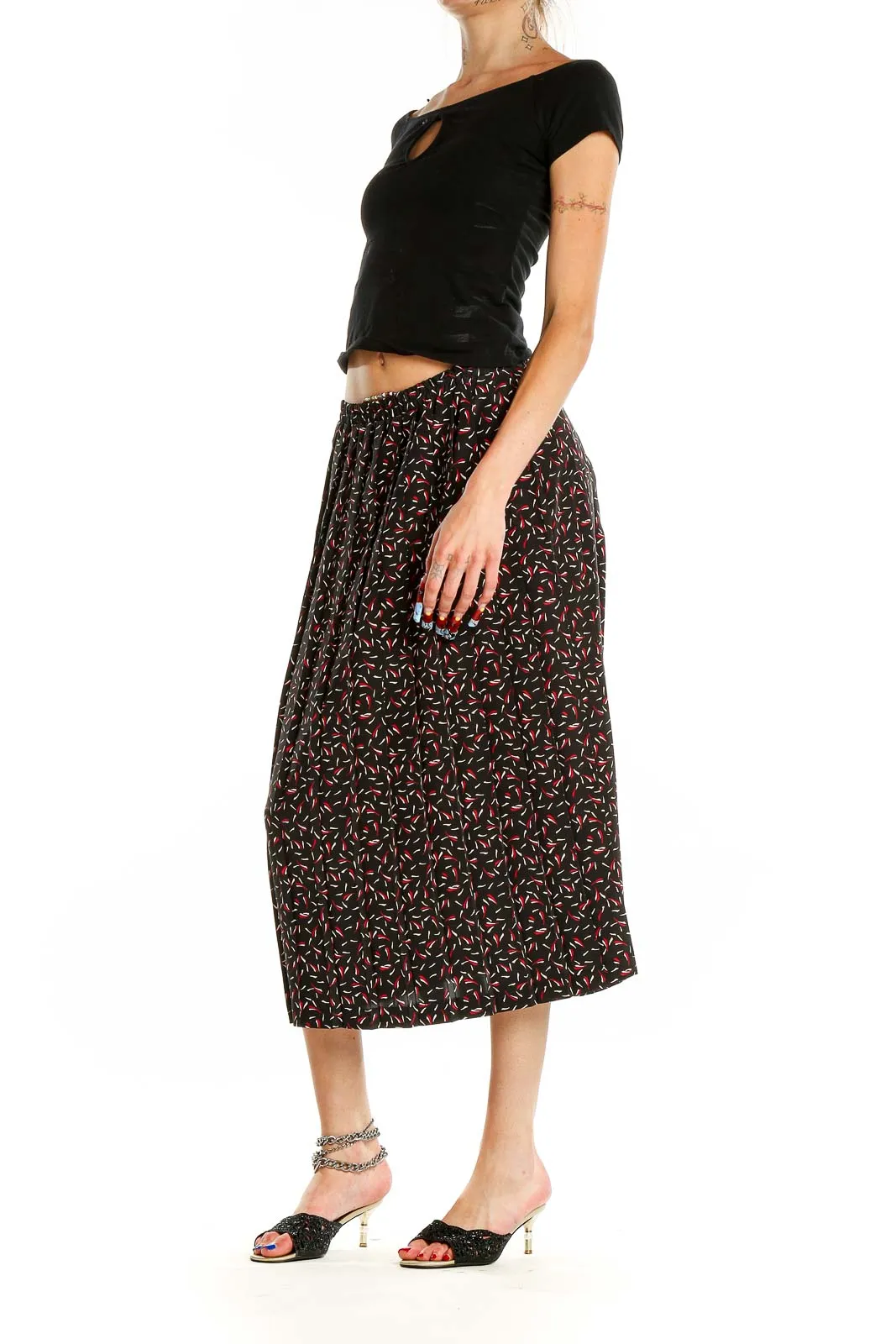 Black Floral Print Midi Skirt