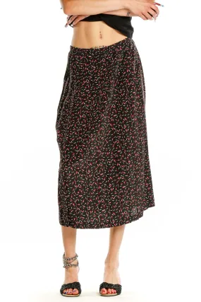 Black Floral Print Midi Skirt