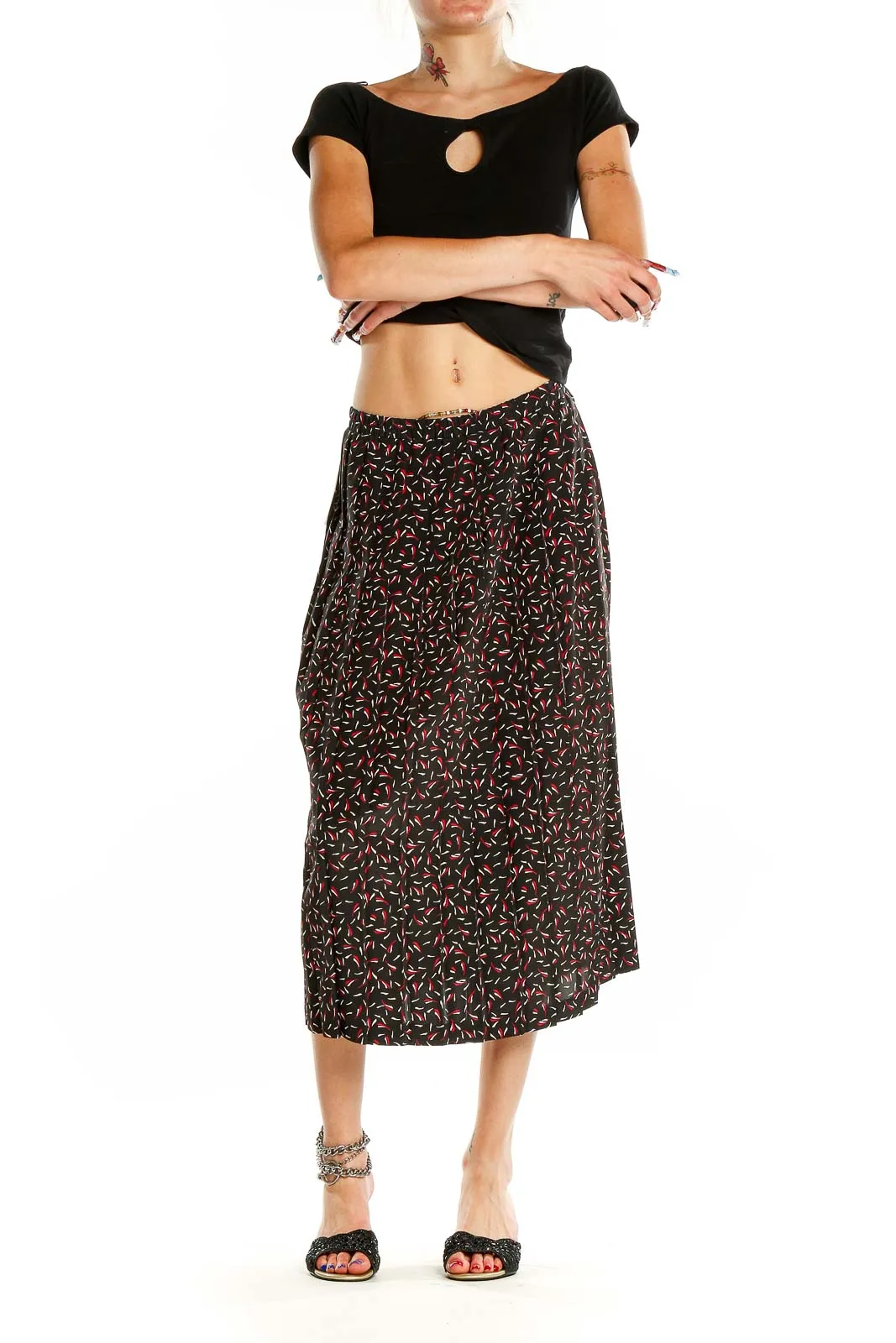 Black Floral Print Midi Skirt