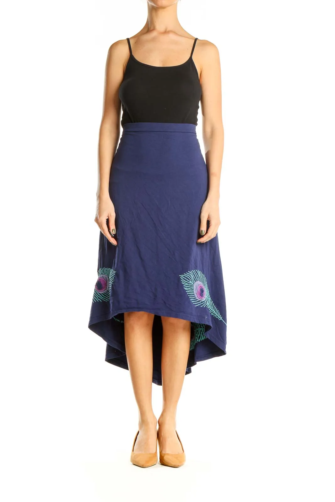 Blue High-Low Skirt with Feather Detail