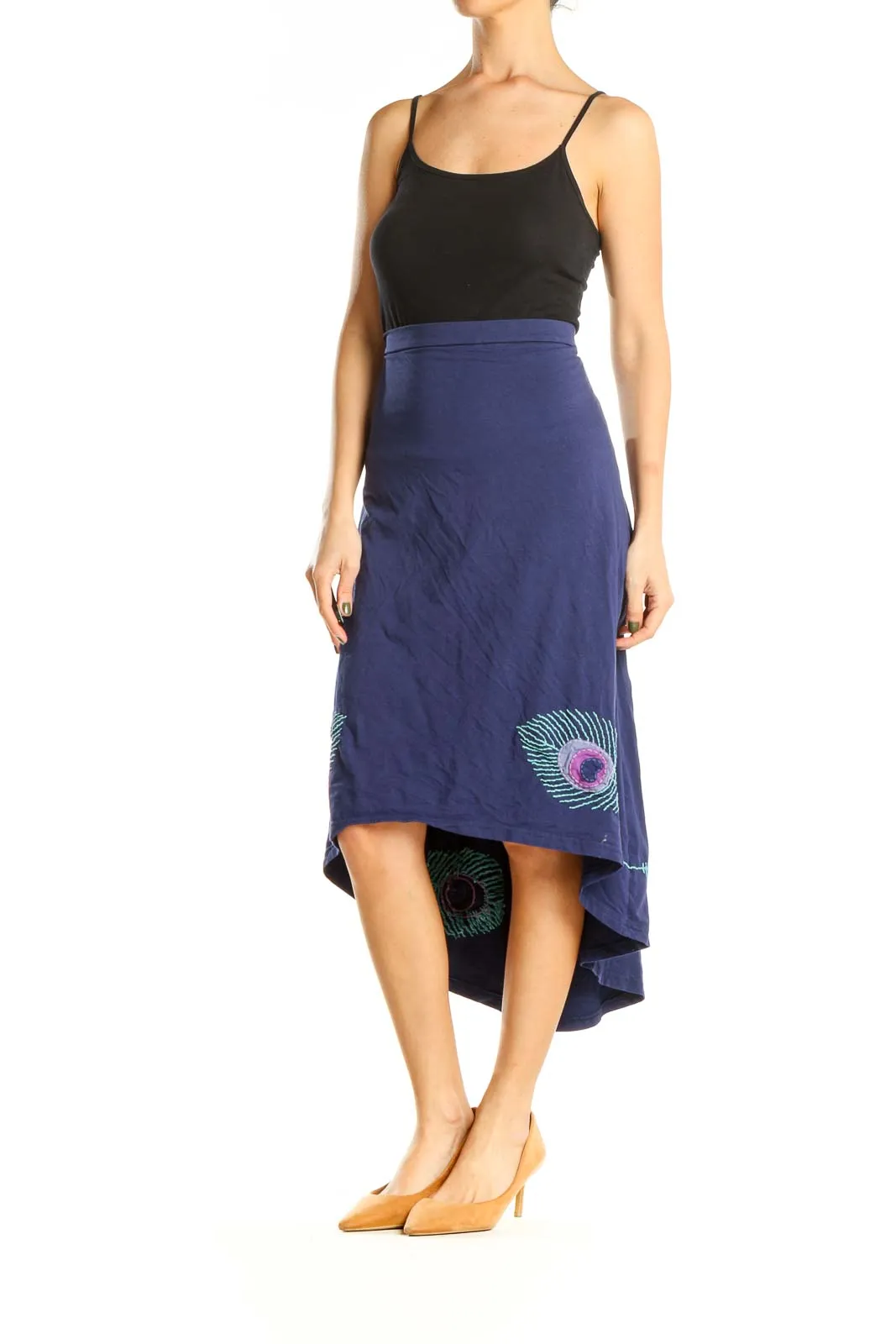 Blue High-Low Skirt with Feather Detail