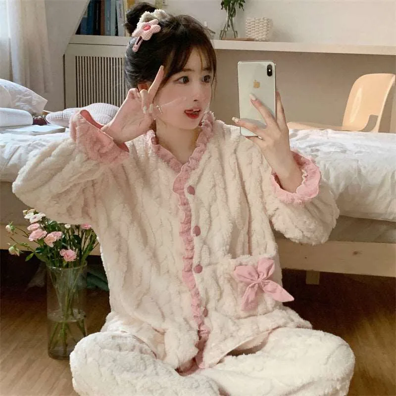 Bow Cream Pink White Soft Fluff Plush Cute Top Pants Pajamas