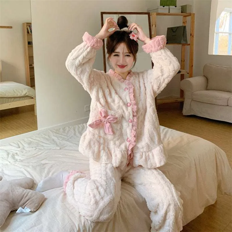 Bow Cream Pink White Soft Fluff Plush Cute Top Pants Pajamas