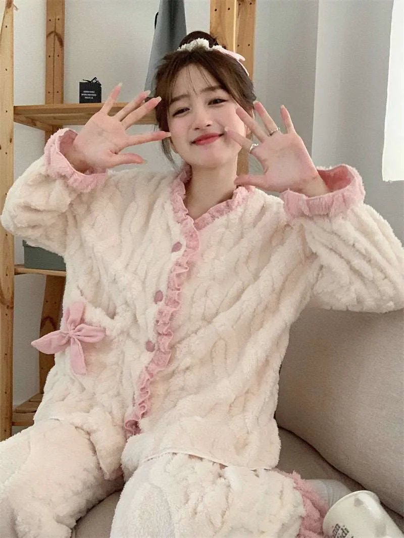 Bow Cream Pink White Soft Fluff Plush Cute Top Pants Pajamas