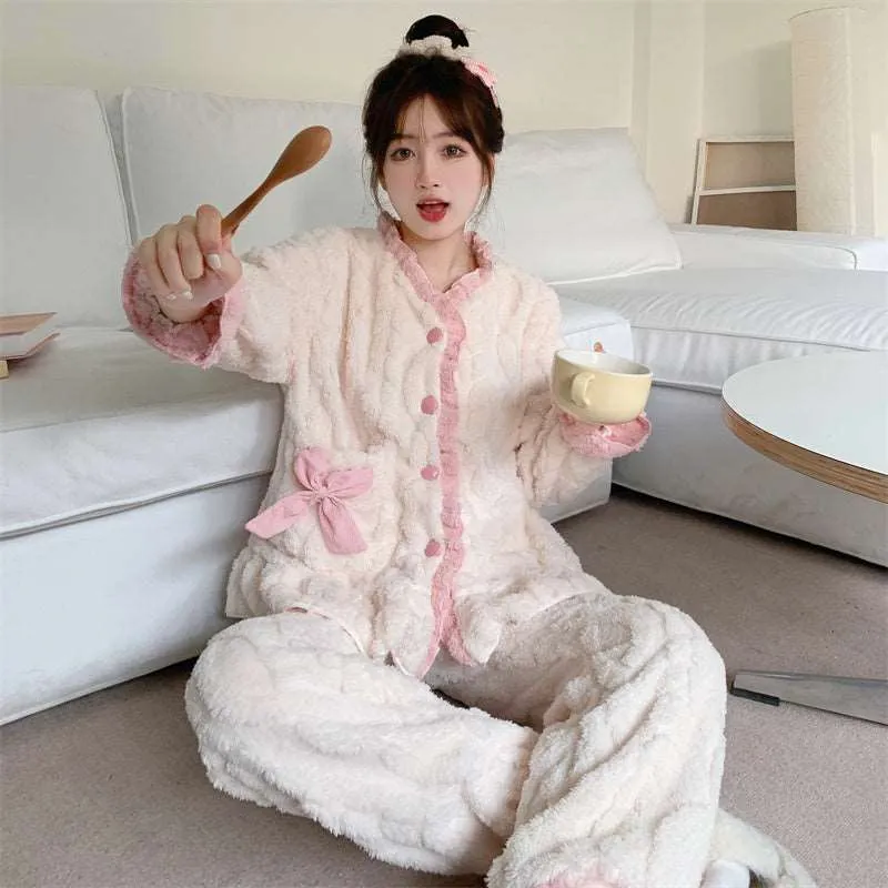 Bow Cream Pink White Soft Fluff Plush Cute Top Pants Pajamas