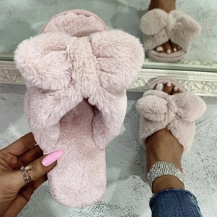 Bow-Knot Plush Slippers for Women