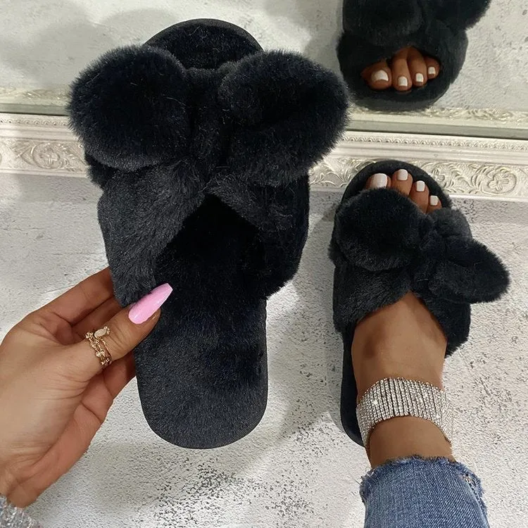 Bow-Knot Plush Slippers for Women