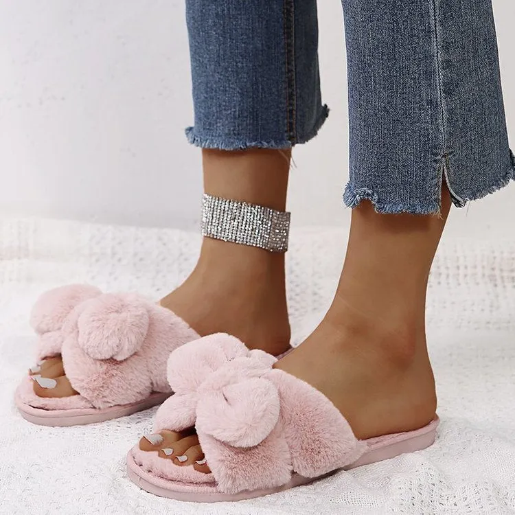 Bow-Knot Plush Slippers for Women