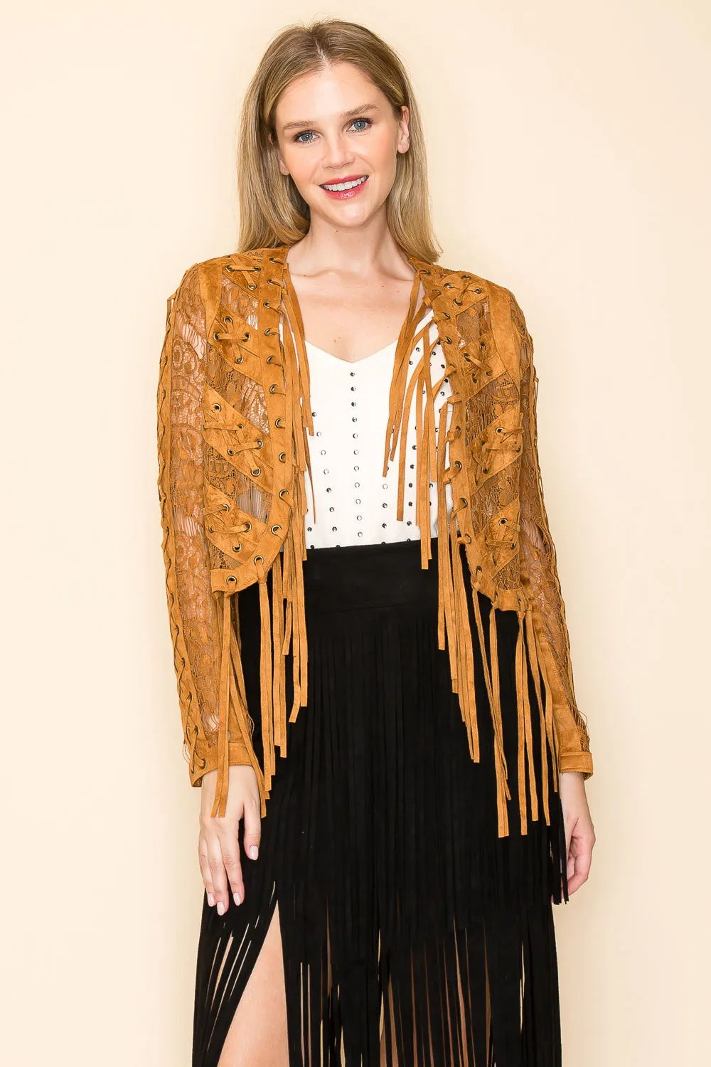 Camel Fringed Lace Crop Jacket