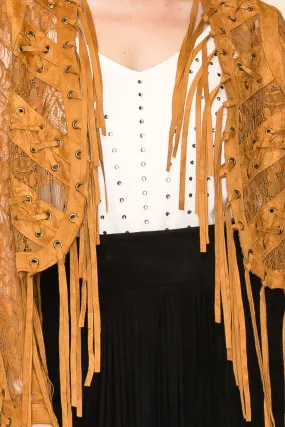 Camel Fringed Lace Crop Jacket