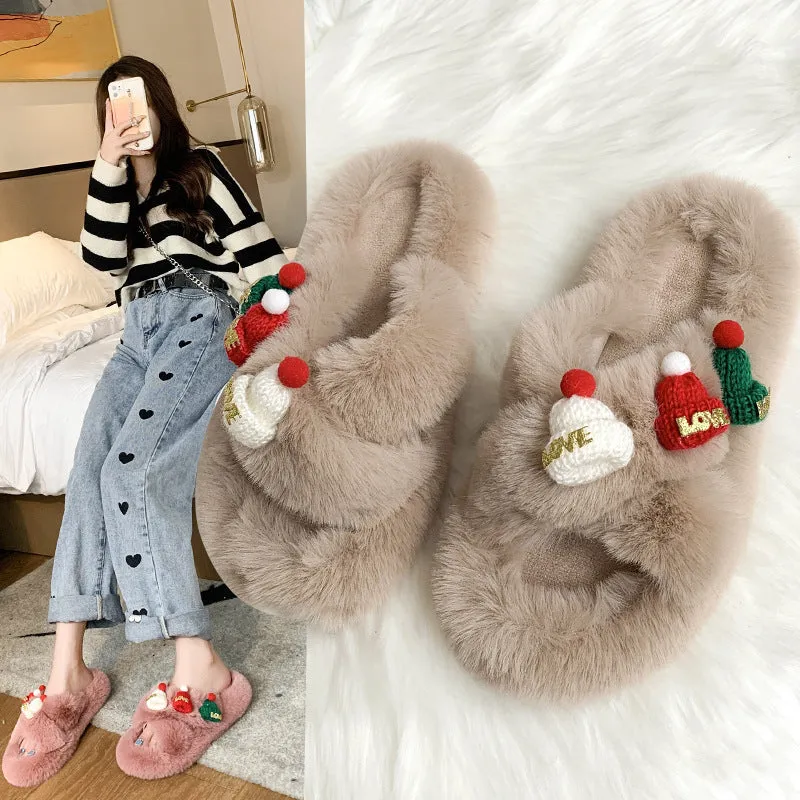 Christmas Fluffy Slippers for Women – Cozy Holiday-Themed Indoor Slippers with Cute Hat Charms