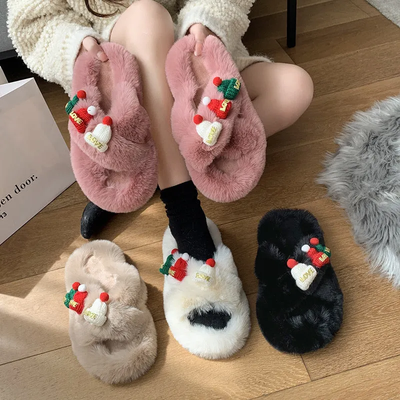 Christmas Fluffy Slippers for Women – Cozy Holiday-Themed Indoor Slippers with Cute Hat Charms