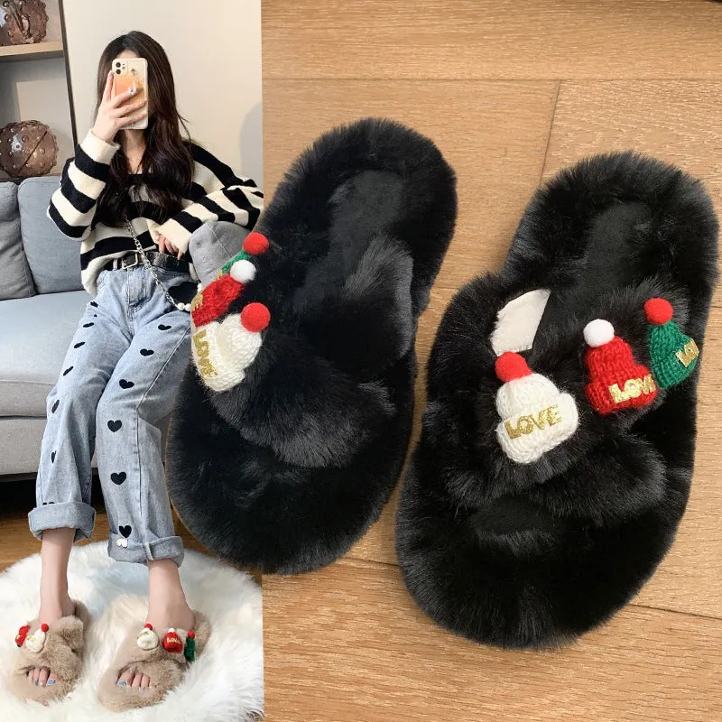 Christmas Fluffy Slippers for Women – Cozy Holiday-Themed Indoor Slippers with Cute Hat Charms