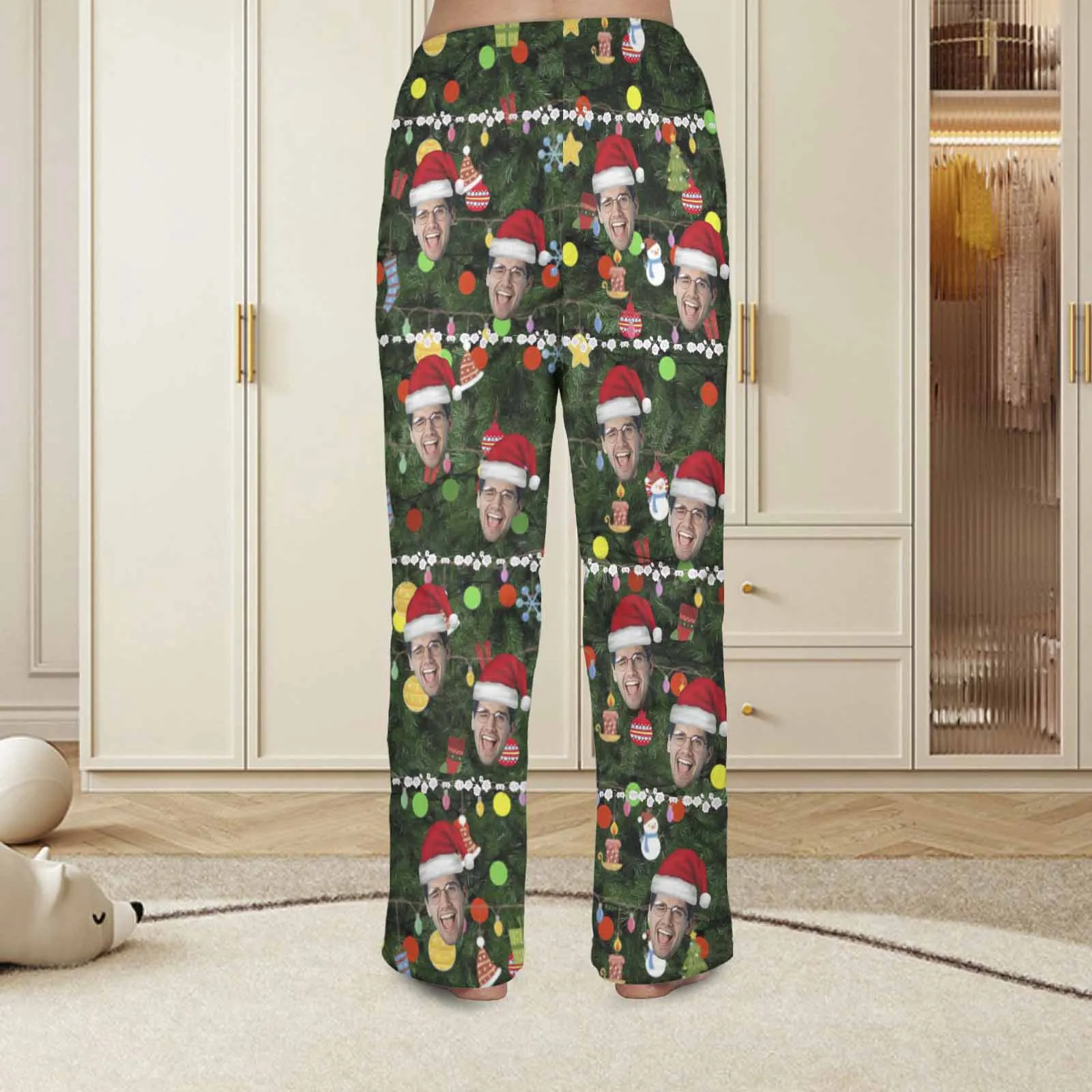 Coral Fleece Pajama Trousers-Custom Face Christmas Red Hat Tree Trinkets Warm and Comfortable Sleepwear Long Pajama Pants For Men Women