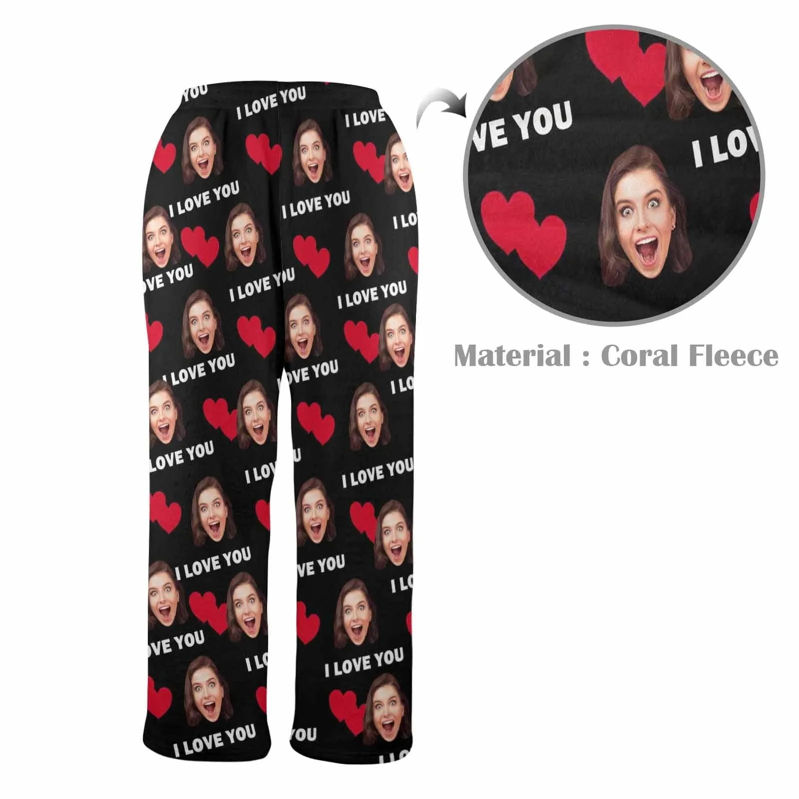 Coral Fleece Pajama Trousers-Custom Face Heart Lover Print Warm and Comfortable Sleepwear Long Pajama Pants For Men Women