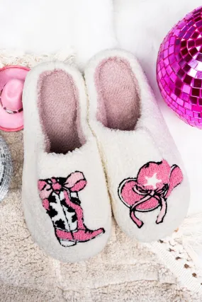 Cozy Cowgirl White Plush Slippers