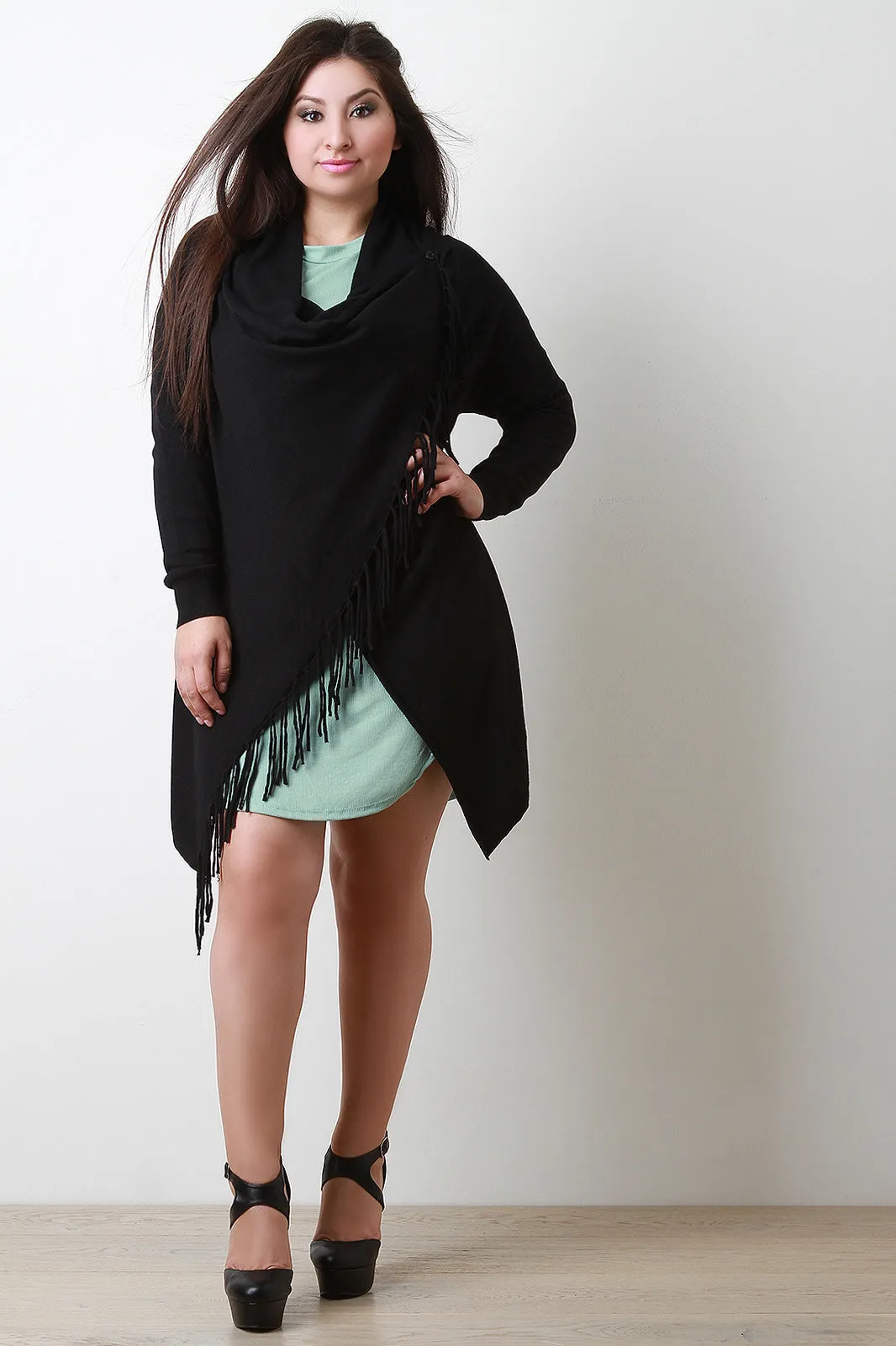 Crossover Drape Fringe Longline Cardigan