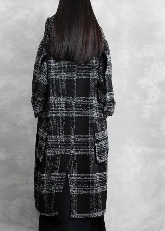 fine plus size clothing Winter coat outwear black plaid hooded patchwork Woolen Coats