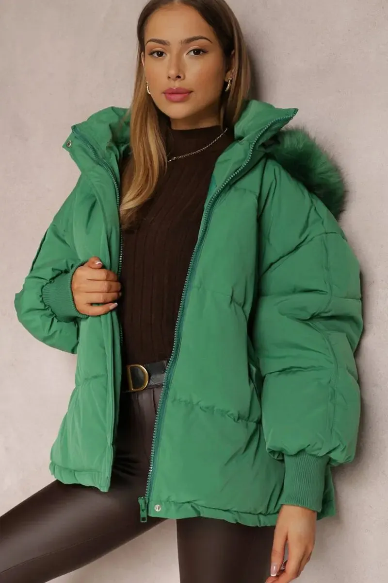 Green Versatile Stylish Plush Hooded Zip-Up Thermal Cotton Coat