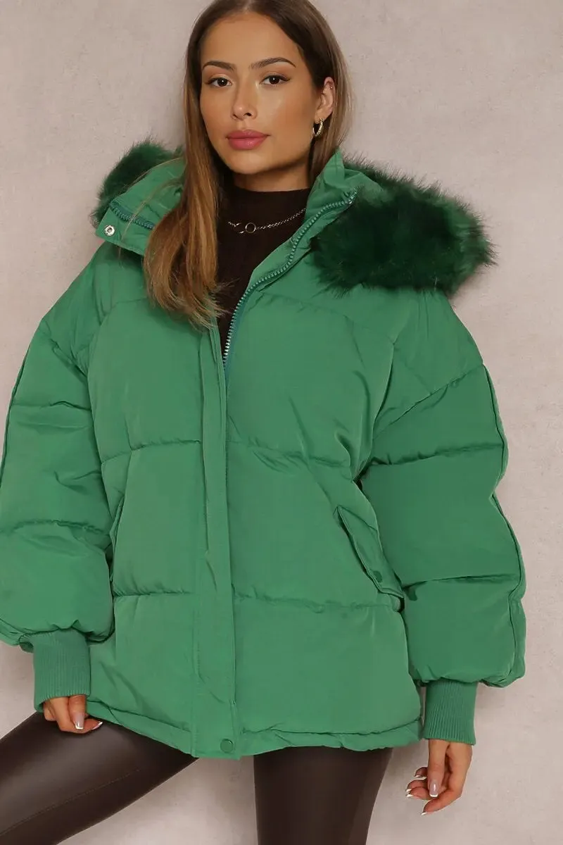 Green Versatile Stylish Plush Hooded Zip-Up Thermal Cotton Coat