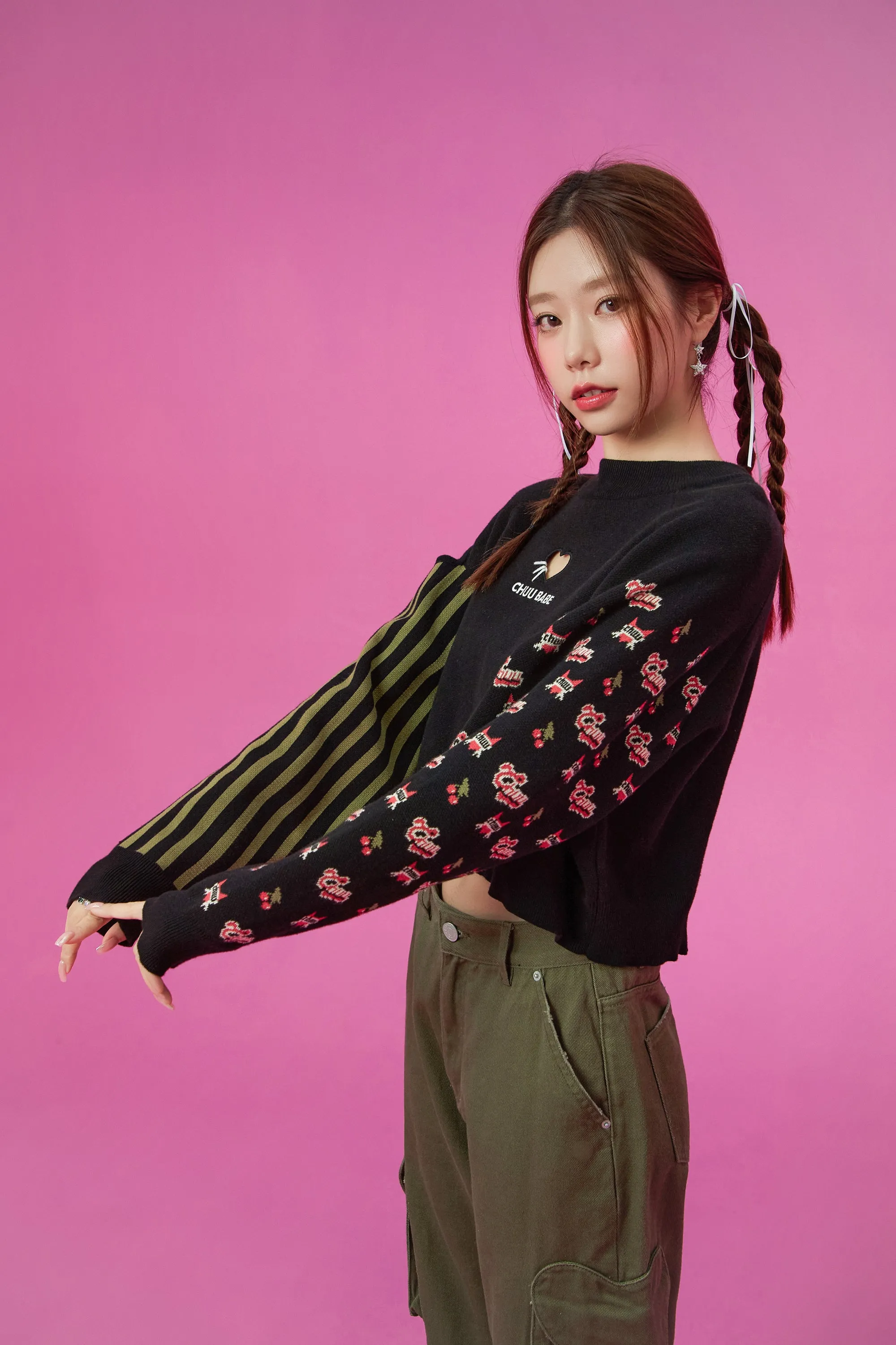 Heart Cutout Two Patterns Knit Sweater