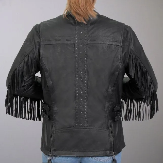 Hot Leathers JKL1028 Studs and Fringe Ladies Black Carry Conceal Leather Jacket