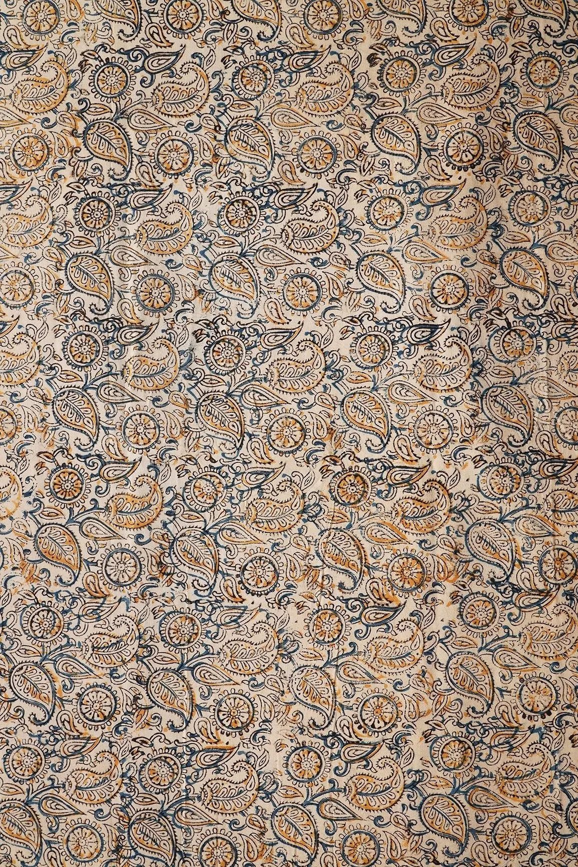 Light Beige And Blue Paisley Pattern Handblock Kalamkari Organic Cotton Fabric