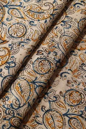 Light Beige And Blue Paisley Pattern Handblock Kalamkari Organic Cotton Fabric