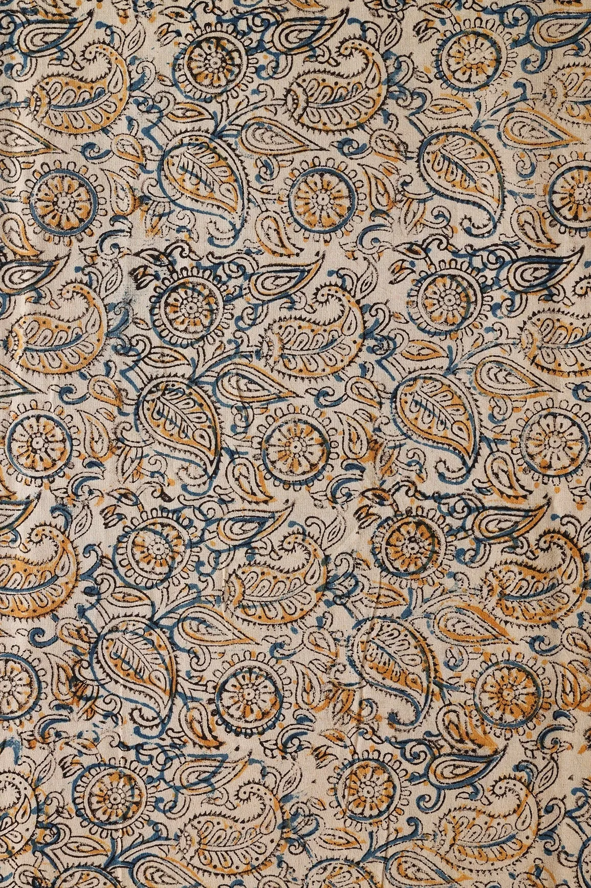 Light Beige And Blue Paisley Pattern Handblock Kalamkari Organic Cotton Fabric