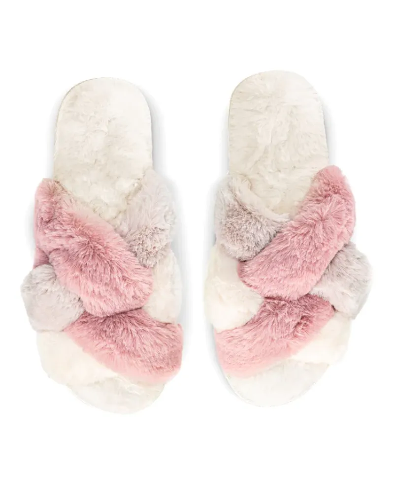 Me Moi Ivory Multi Weave Fur Plush Slippers