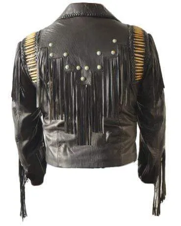 Men's Bluish Black Leather Western Cowboy Leather Jacket Fringe Bones