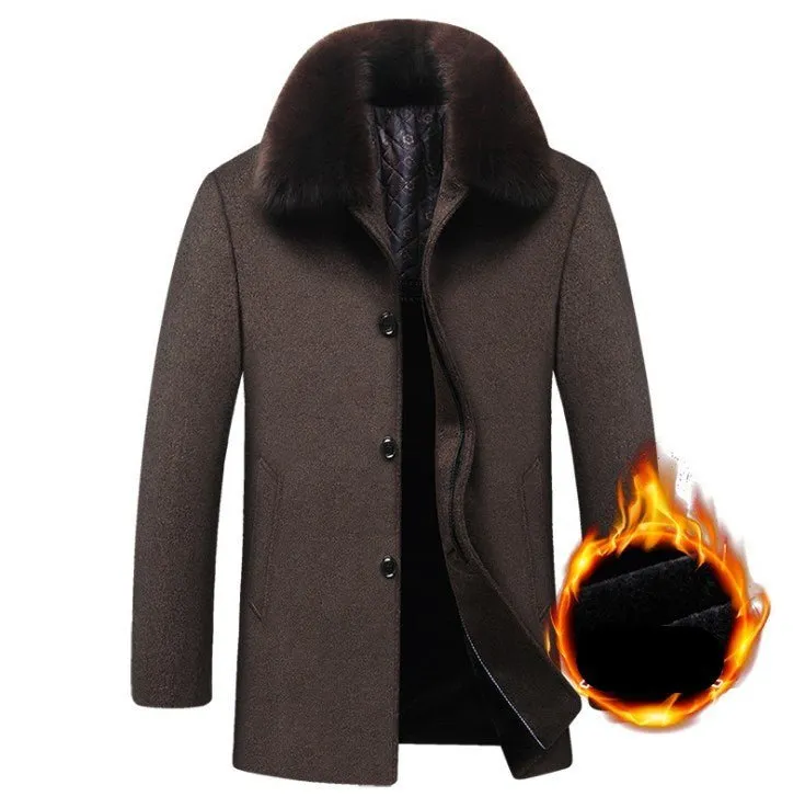 Men's Long Thick Warm Wool Coat With Detachable Large Fur Collar