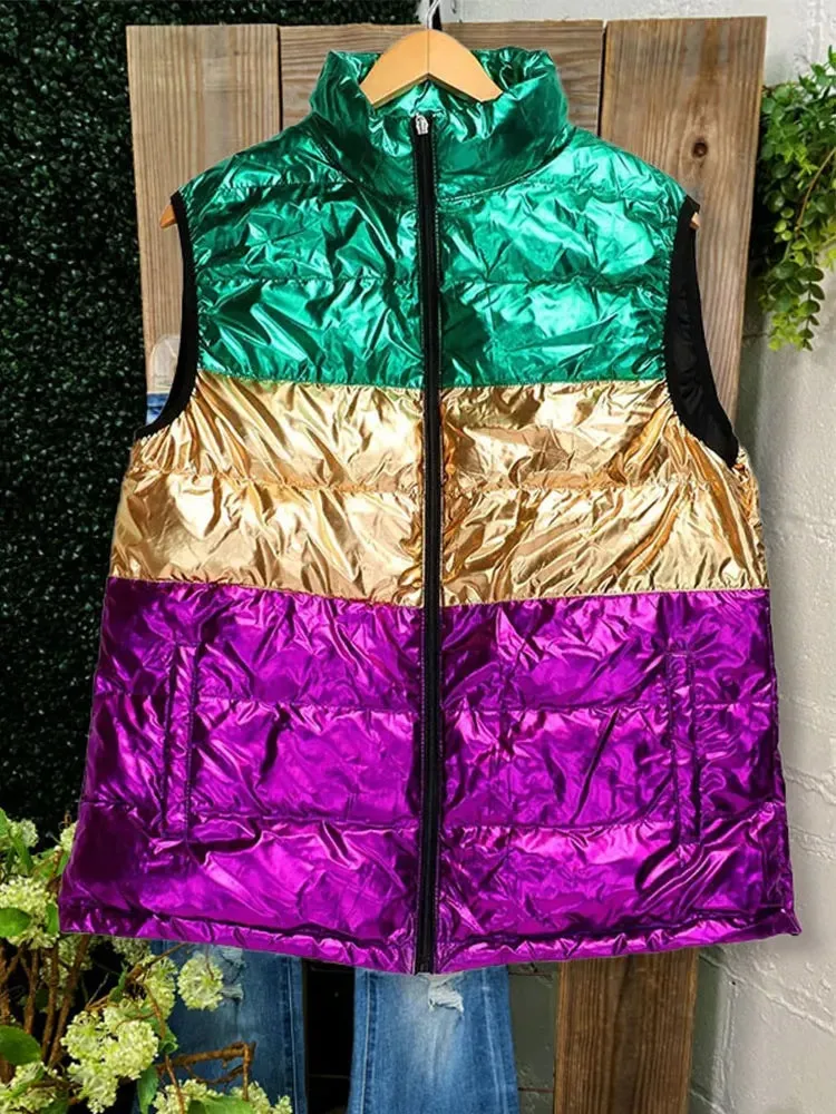 Metallic Puffer Vest for Women's Mardi Gras