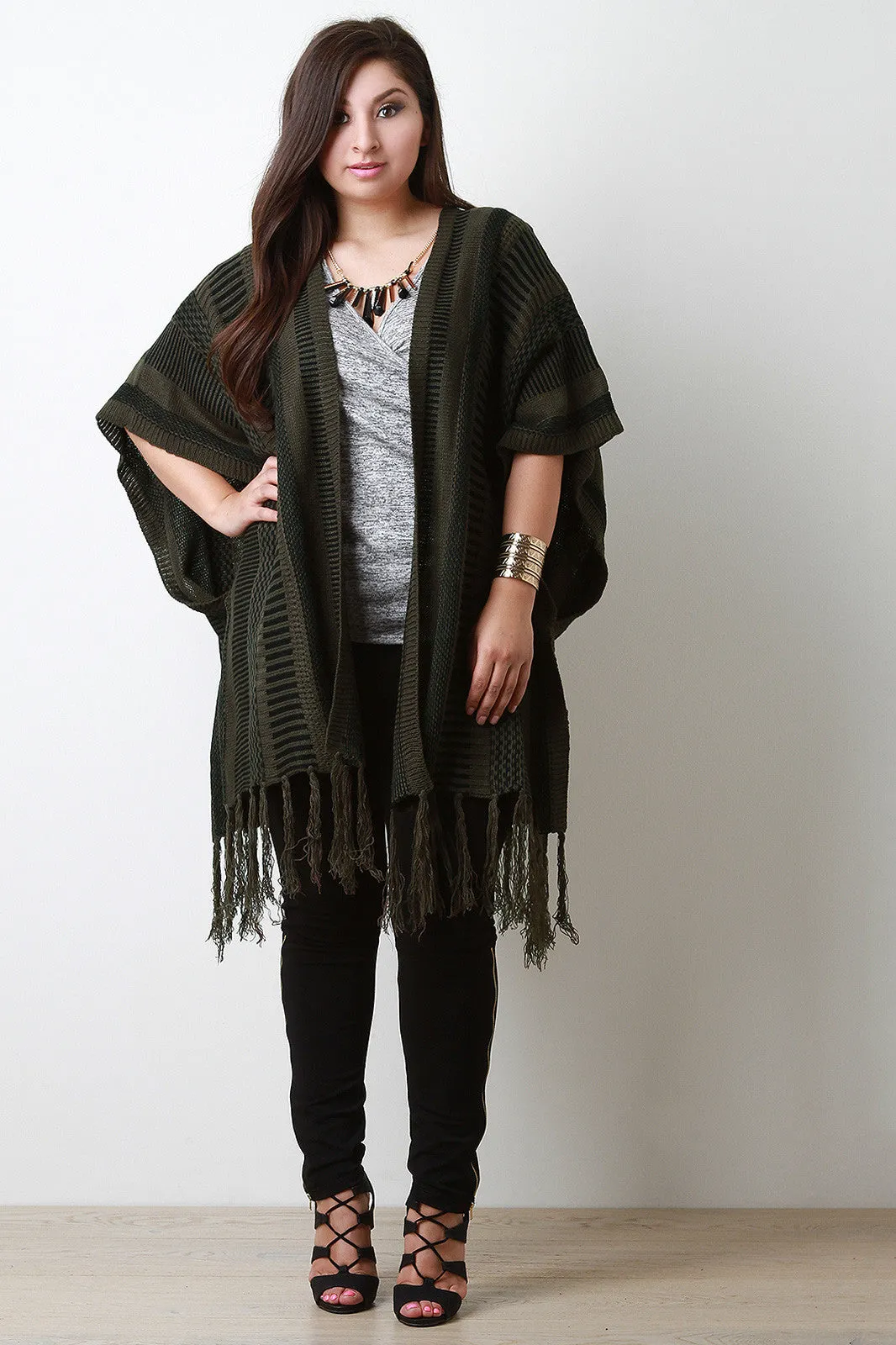 Mixed Stripe Knit Fringe Cardigan