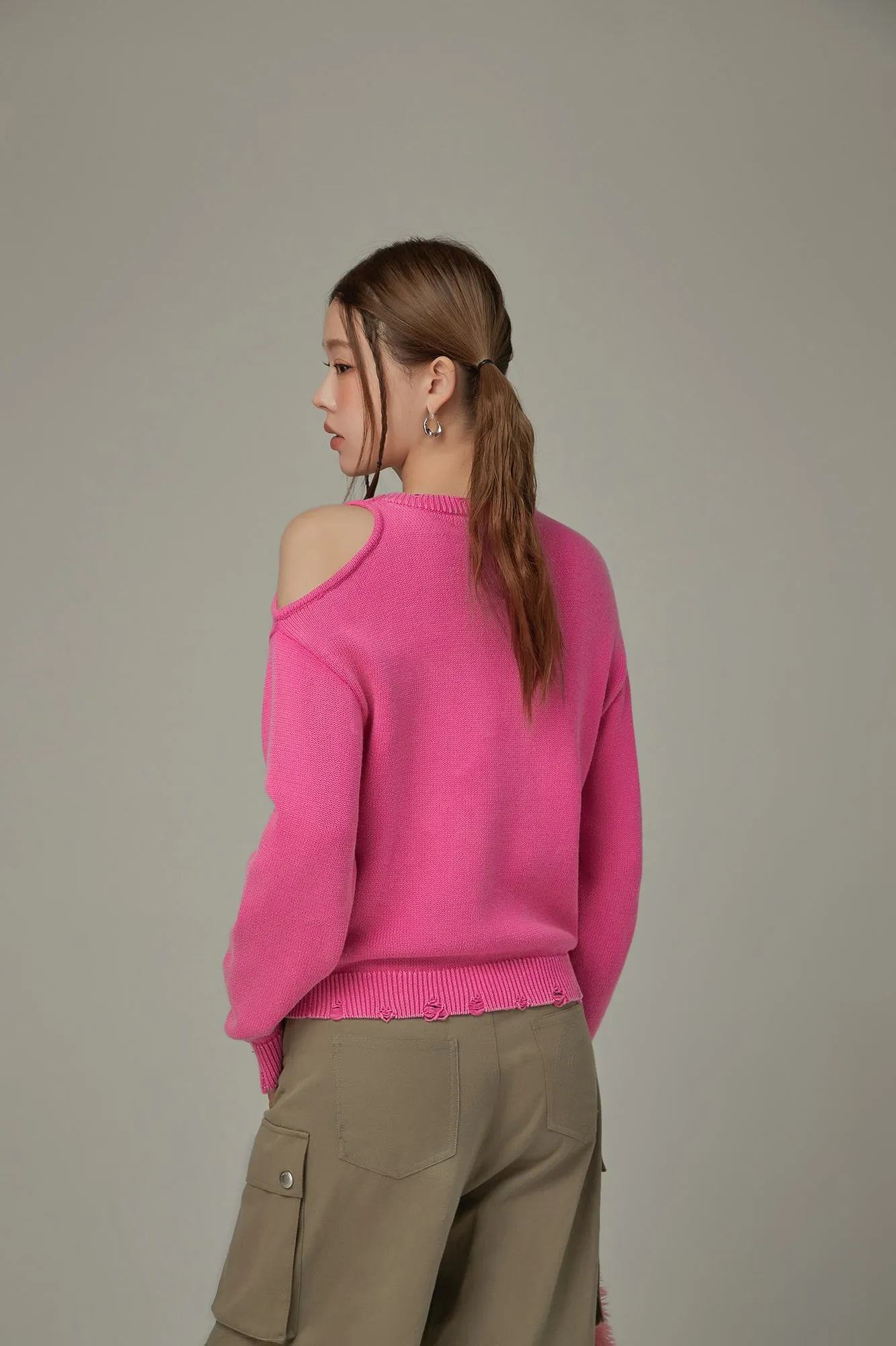 One Shoulder Cut Out Distressed Knit Sweater