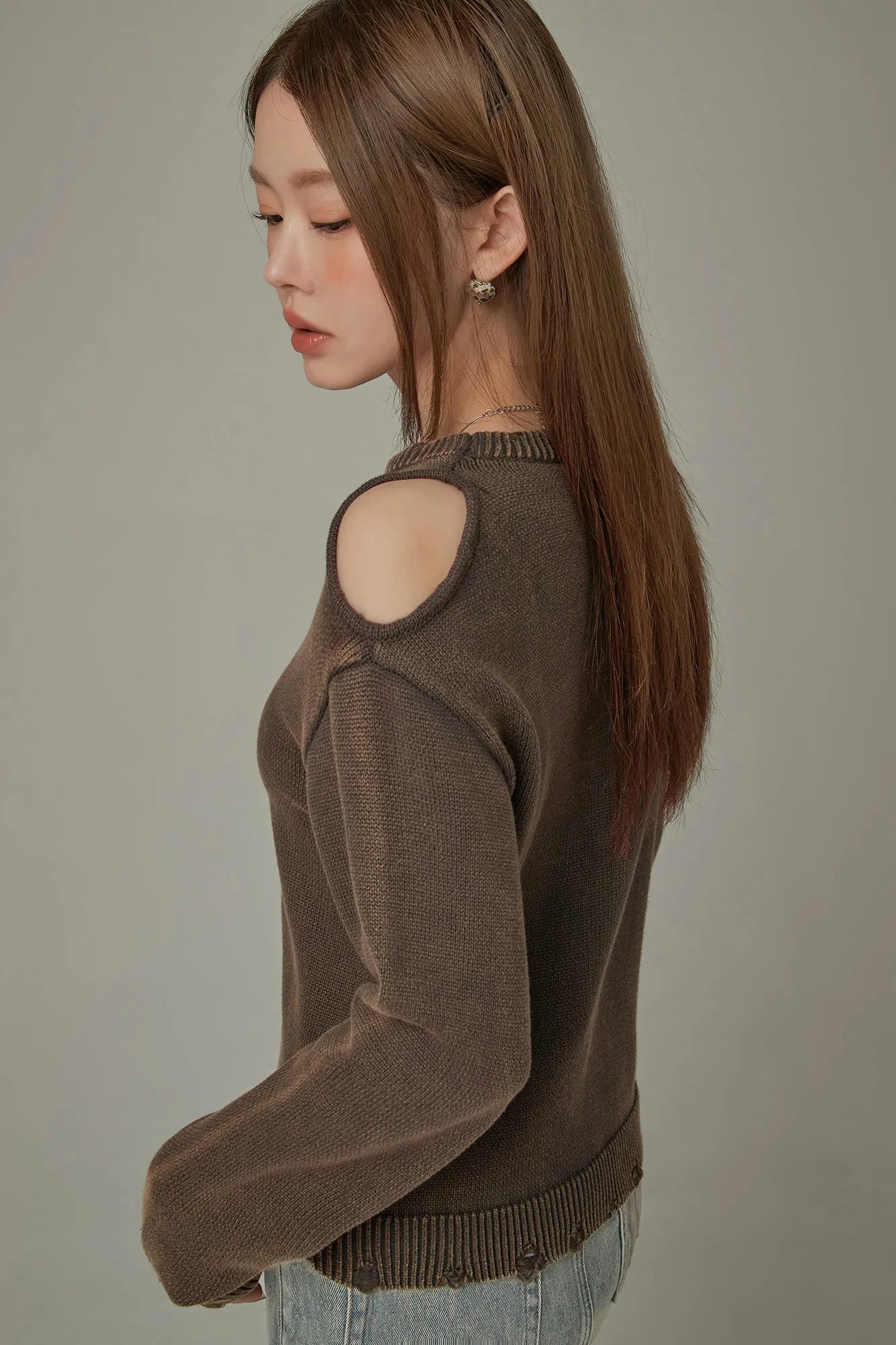 One Shoulder Cut Out Distressed Knit Sweater