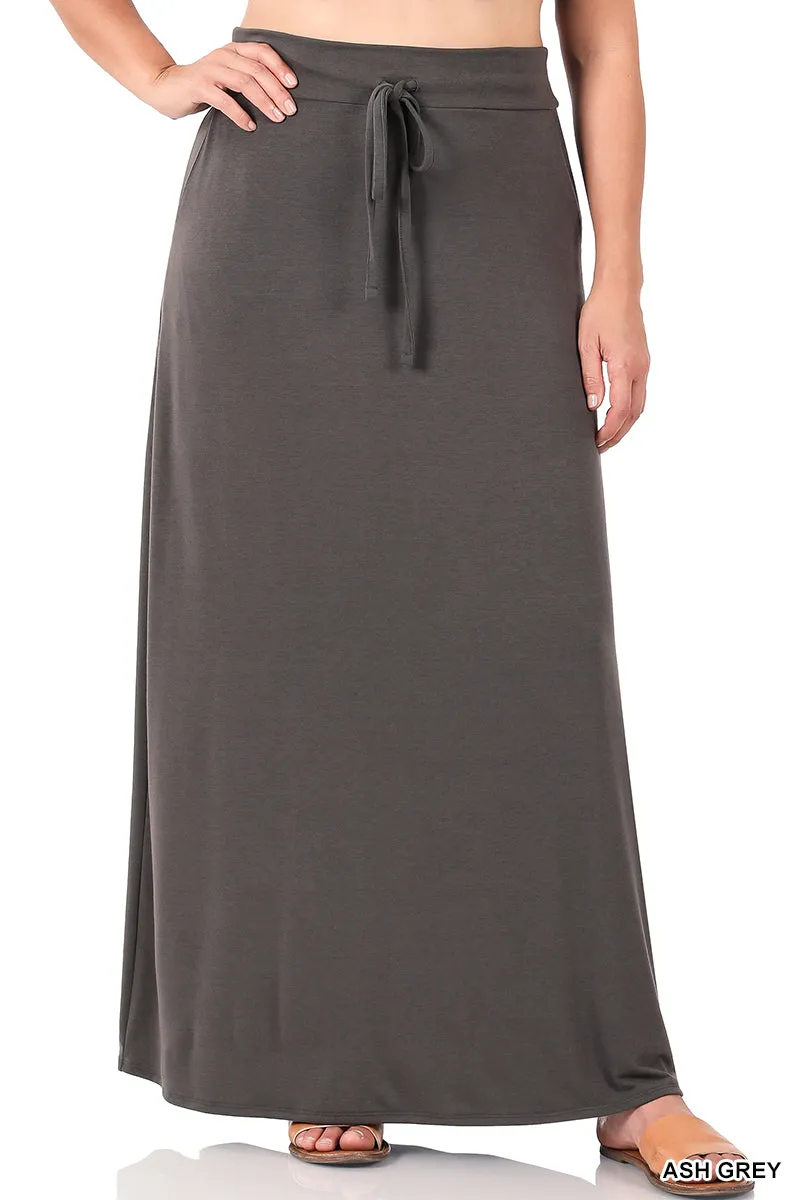 Plus Relaxed Drawstring Waist Draped Basic Maxi Skirts with Side Pockets