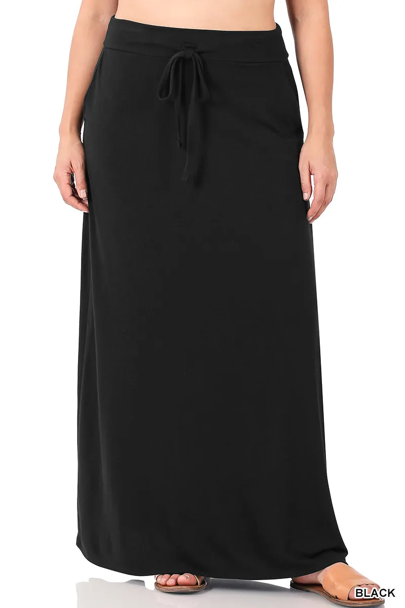 Plus Relaxed Drawstring Waist Draped Basic Maxi Skirts with Side Pockets