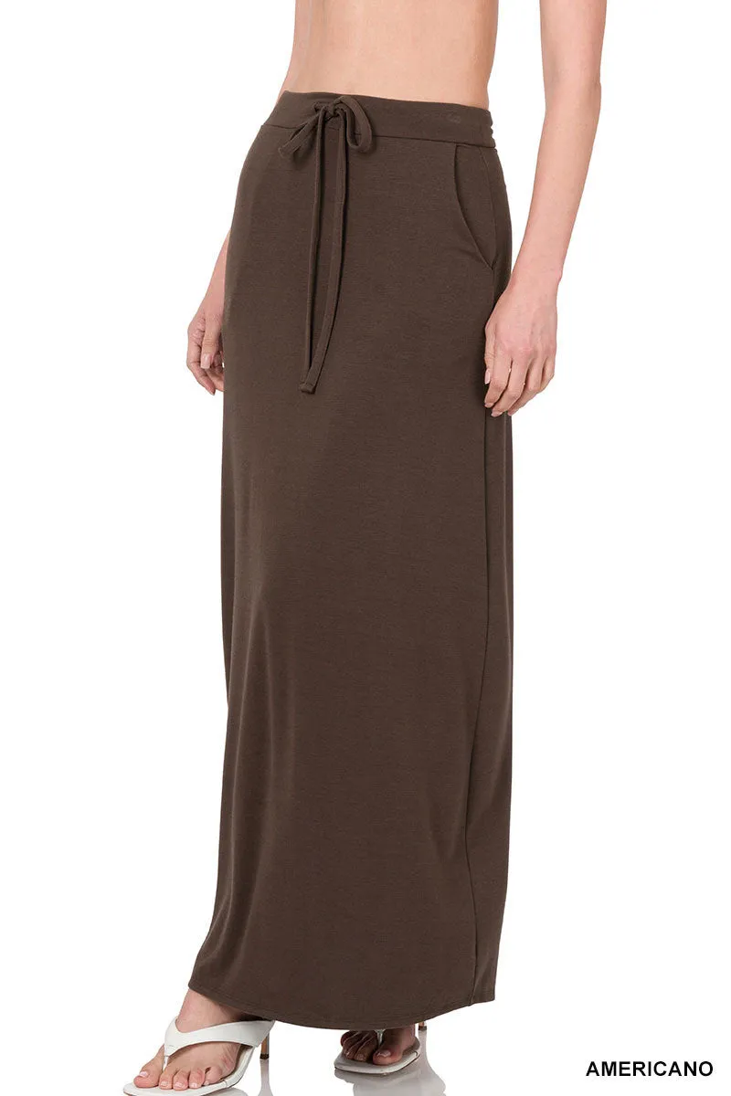 Plus Relaxed Drawstring Waist Draped Basic Maxi Skirts with Side Pockets