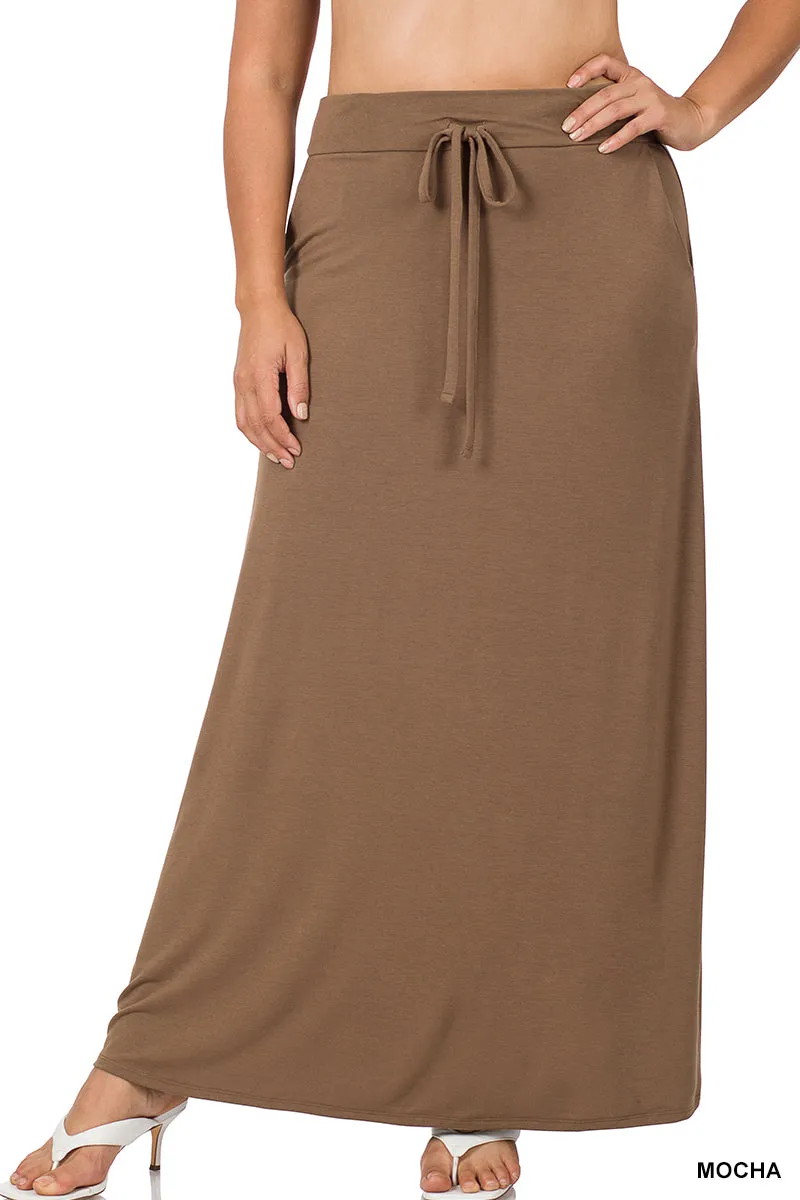 Plus Relaxed Drawstring Waist Draped Basic Maxi Skirts with Side Pockets