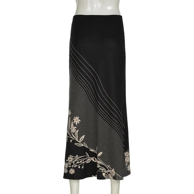 Polka dot flower print contrast maxi skirt