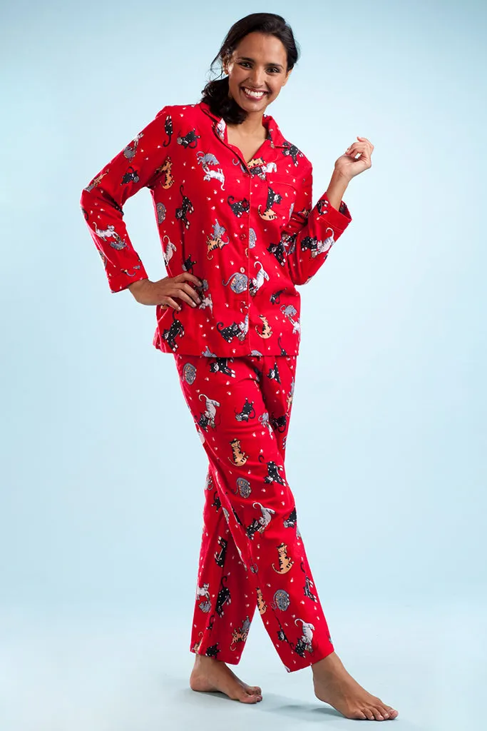 Red Flannel Cat Print Pajama Set