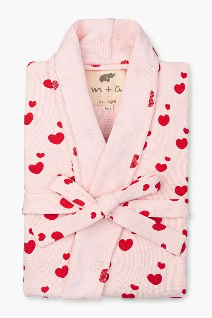 SALE - Printed Organic Lounge Robe_Red Hearts on Pink