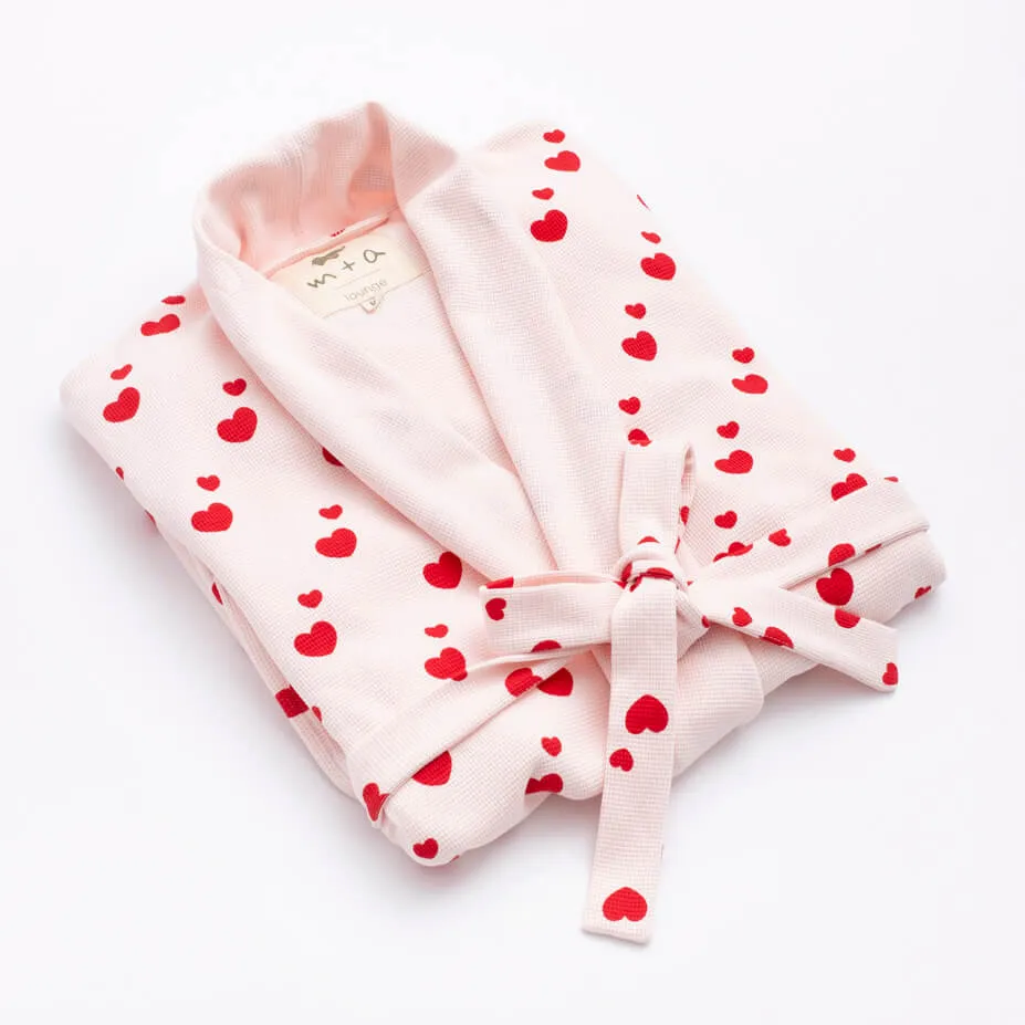 SALE - Printed Organic Lounge Robe_Red Hearts on Pink