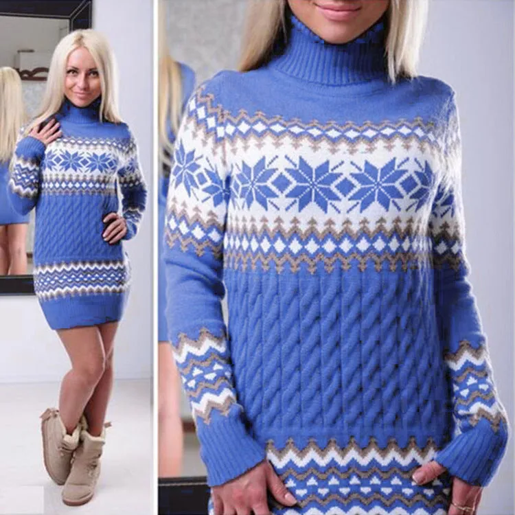 Snowflake Printing High Neck Collar Long Sweaters