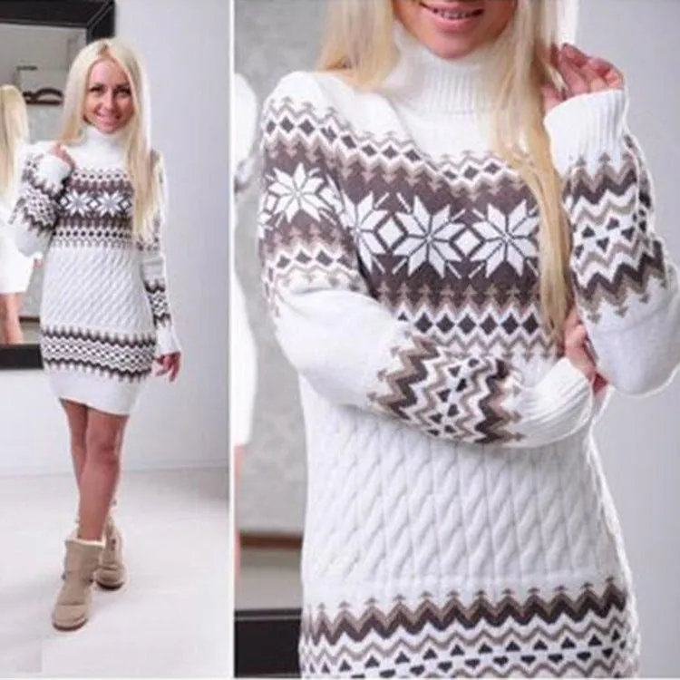 Snowflake Printing High Neck Collar Long Sweaters