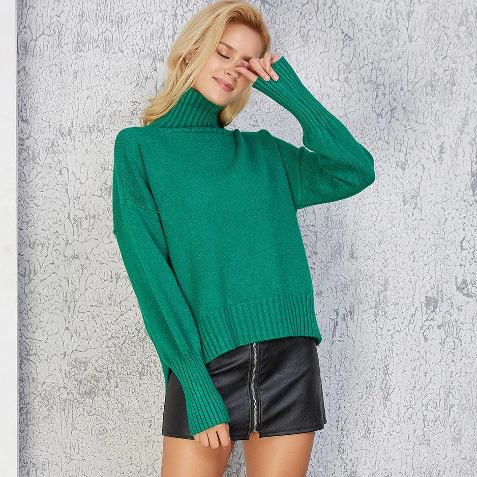 Solid Color Split High Neck Collar Sweaters