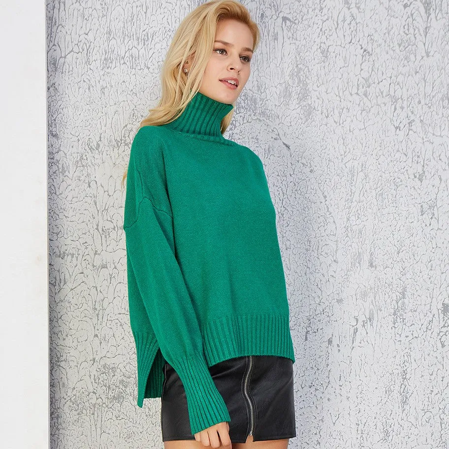 Solid Color Split High Neck Collar Sweaters