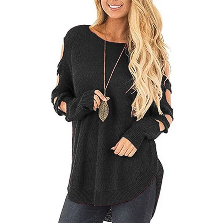 Strapless Shoulder Openwork Round Neck Sweaters